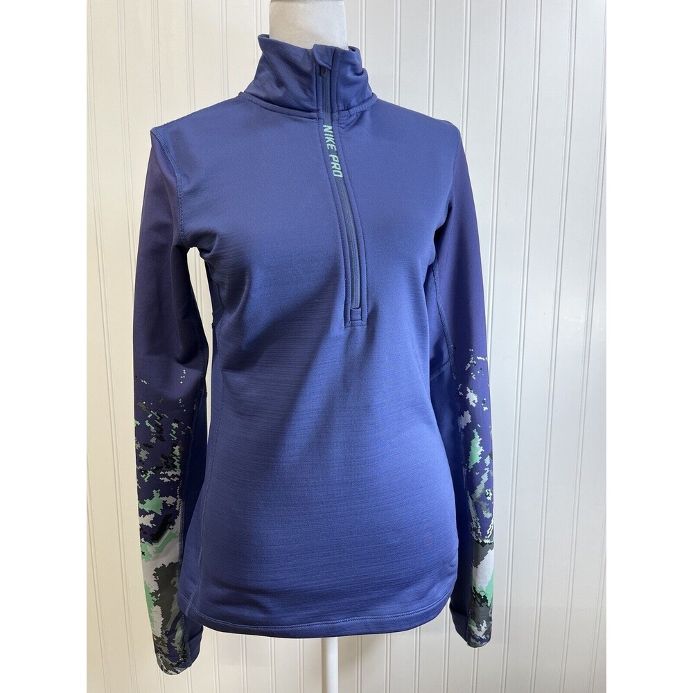 Womans Nike Pro Quarter Zip Athletic Jacket Blue Paint Splatter Arm Print Size M